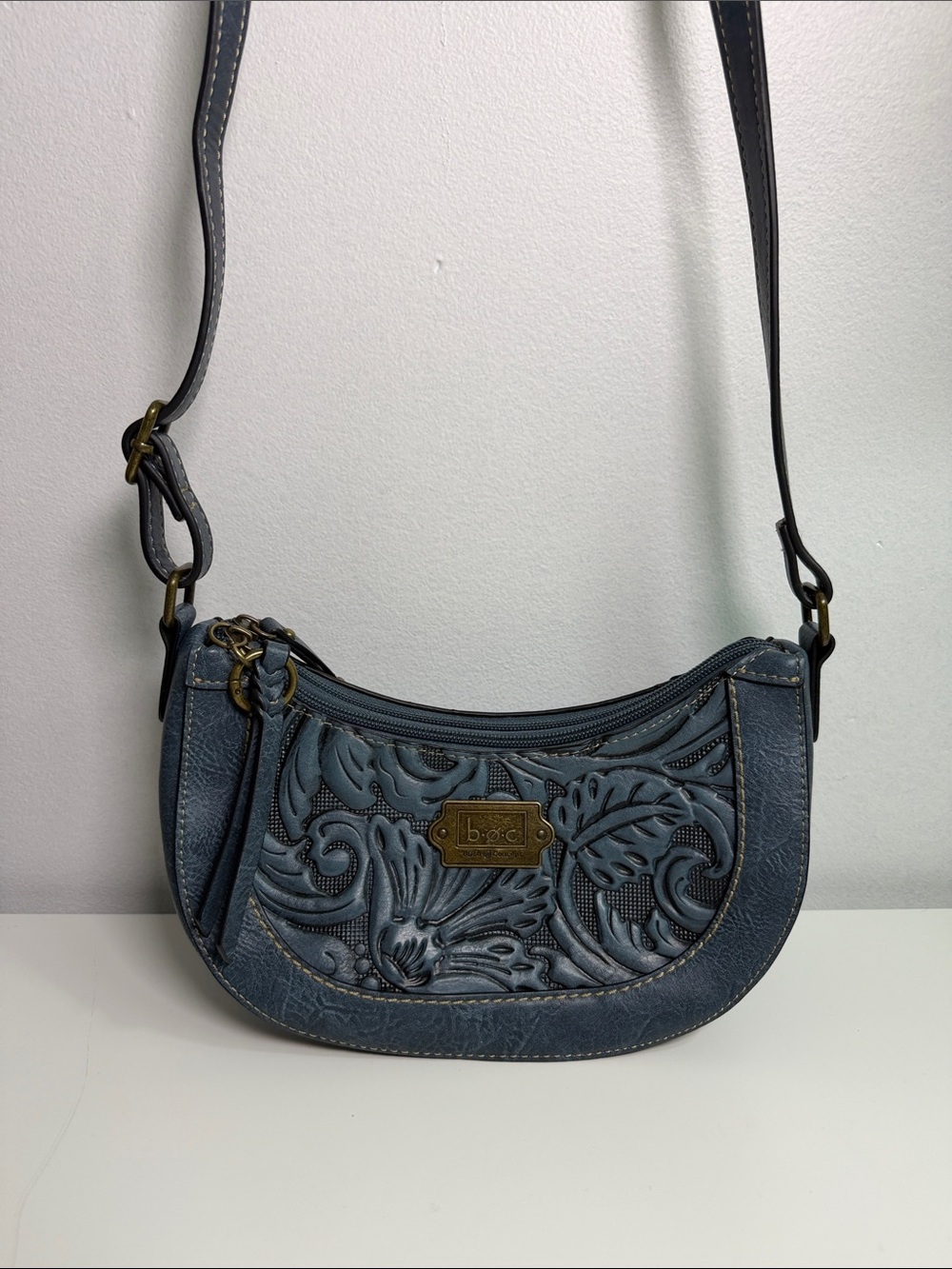 b.o.c. Embossed Floral Leather Crossbody in Slate Blue
